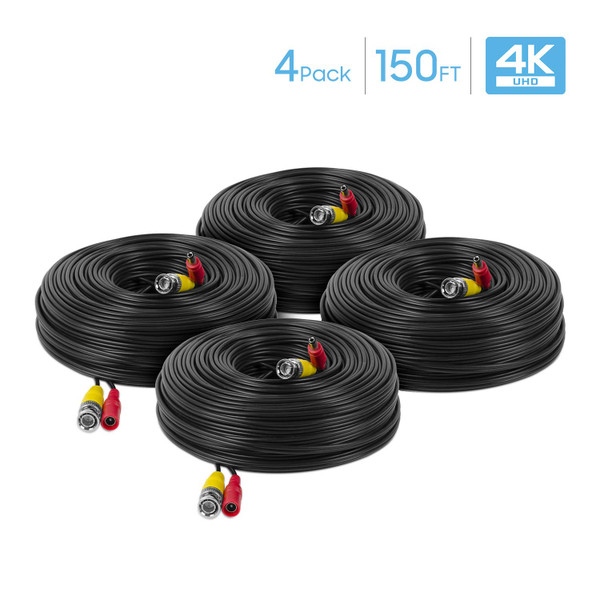 Amcrest 4-Pack 4K Security Camera Cable - 150FT BNC, All-in-One Video & Power for HDCVI, HDTVI, Analog, DVR (4PACK-SCABLE4K150B-PP) Amcrest 4-Pack 4K Security Camera Cable - 150FT BNC, All-in-One Video & Power for HDCVI, HDTVI, Analog, DVR (4PACK-SCABLE4K150B-PP)