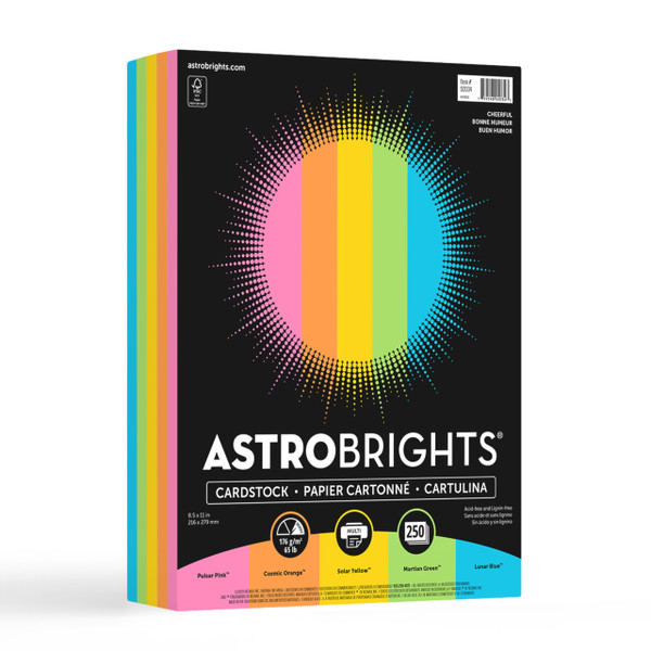 Astrobrights Colored Cardstock, 8.5" x 11", 65 lb./176 gsm, Cheerful Assortment, 250 Sheets (92034)