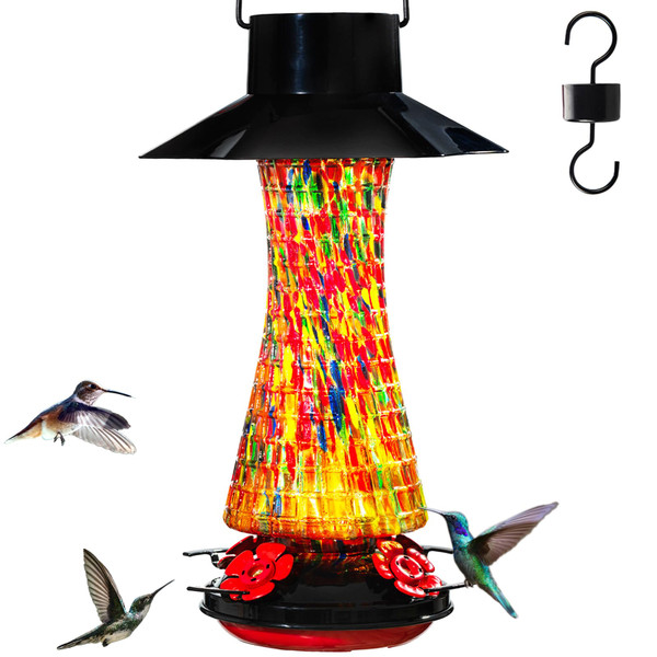 Muse Garden Solar Powered Hummingbird Feeder, 23oz Solar Lights Outdoor Garden Decor Ant and Bee Proof, Hand Blown Glass Lantern Gifts for Women Mom Birthday Unique, Multicolor