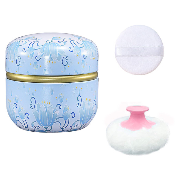 Qopoto Body Powder Puff and Container for Dusting Powder, Women Powder Puff and Powder Case for Bath and Travel (Light Blue)