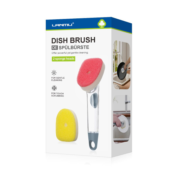 LANMU Non-Scratch Dish Wand Dishwand Refills Sponge Wand Soap Dispensing Dish Brush (1 Handle + 2 Sponge Refills)
