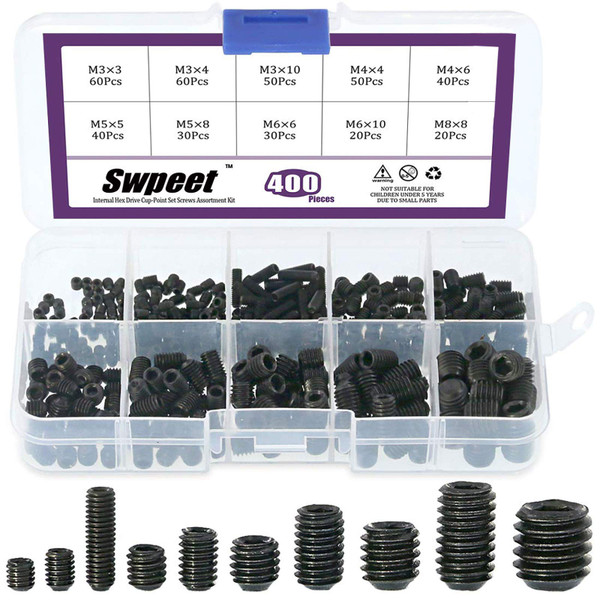 Swpeet 400Pcs Allen Head Socket Hex Grub Screw Assortment Kit, Including 10 Sizes M3/4/5/6/8 Internal Hex Drive Cup-Point Set Screws for Door Handles, Faucet, Light Fixtur