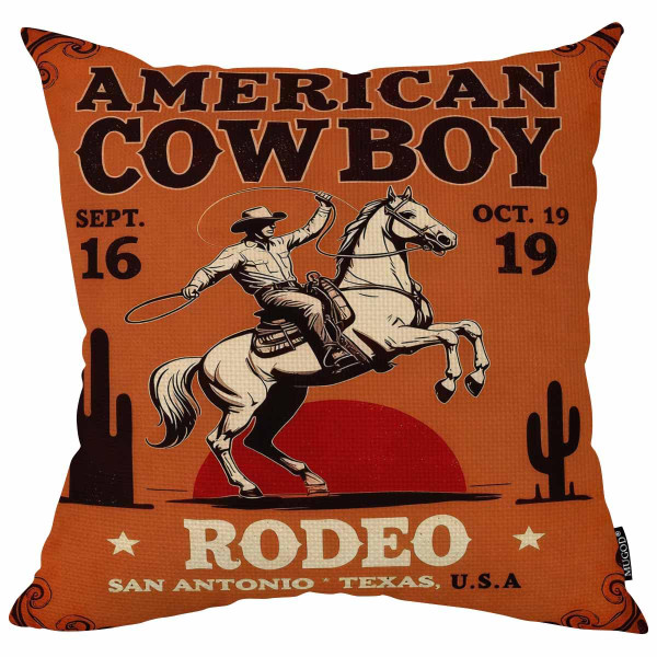 Mugod Cowboy Decoration Throw Pillow Cushion Covers Rodeo Poster with a Cowboy Sitting on a Rearing Horse in Retro Style Decorator Funny Pillows for Sofa Home Decor Couch Pillow Case 18 X 18 Inch