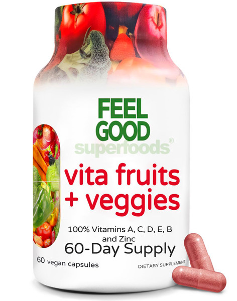 FeelGood Superfoods Vita Fruits and Veggies Capsules - 25 Superfood Ingredients, Fruit and Vegetable Multivitamin, 60 Count - For men and women - Vitamins A, C, D, E, B and Zinc