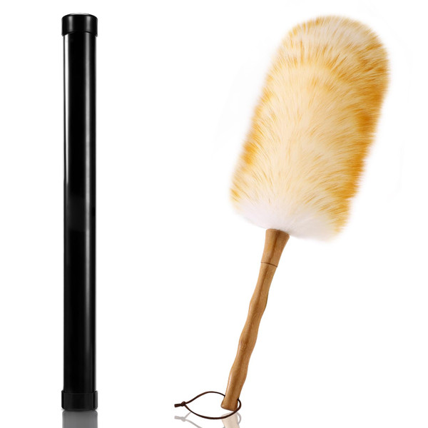 Lambs Wool Duster with Solid Bamboo Handle,Leather Hang Strap,18.9 inch Long,Natural Feather Duster for Cleaning Ceiling Fans,Window Blinds,Computer Screens,Bookshelves etc