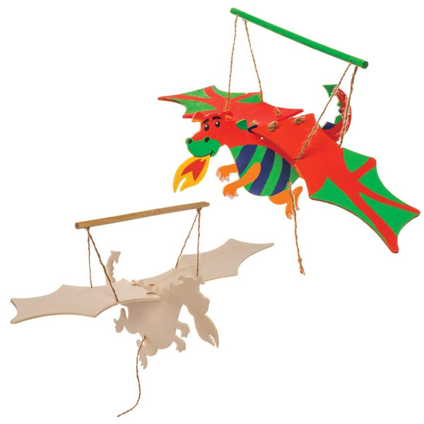 Baker Ross AW568 Dragon Wood Craft Puppets - Pack of 3, Moving Puppet with Movable Wings, Arms & Legs for Kids to Create Perfect for Classroom Crafts, Arts & Crafts or Independent Hobbies
