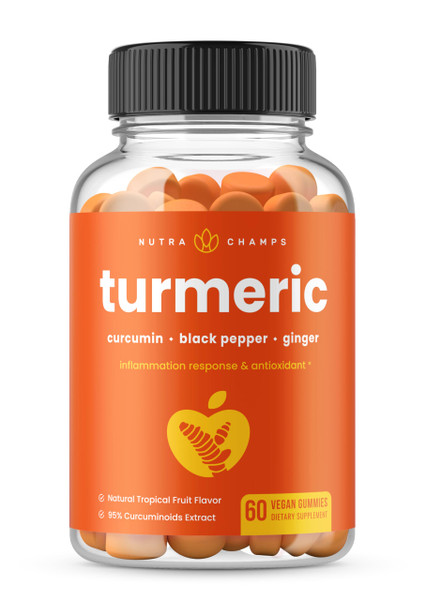 NutraChamps Turmeric Gummies for Adults & Kids with Ginger & Black Pepper Extract, 95% Curcuminoids, Vegan Natural Curcumin Joint Support Supplement, Tumeric Gummy Supplements