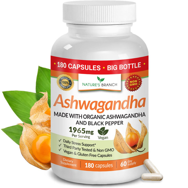 UDAF Verified Organic Ashwagandha with Black Pepper - 180 Capsules - 1965mg Extra Strength for Stress, Sleep, Mood, Thyroid, Focus, Hair, Vegan Pure Root Extract Powder - Men and Women Supplements