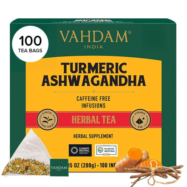 VAHDAM, Turmeric Ashwagandha Herbal Tea Bags (100 Count) Caffeine Free, Non GMO, Gluten Free | 100% Pure Herbal Blend - Sweet & Earthy | Whole Leaf Tea Bags | Resealable Ziplock Pouch