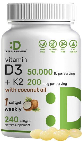 DEAL SUPPLEMENT Vitamin D3 50,000 IU + K2 MK7 200mcg Softgels, 240 Count | 2-in-1 Complex with Virgin Coconut Oil | Supports Heart, Bone, Teeth & Immune Health | Easy to Swallow DEAL SUPPLEMENT Vitamin D3 50,000 IU + K2 MK7 200mcg Softgels, 240 Count | 2-in-1 Complex with Virgin Coconut Oil | Supports Heart, Bone, Teeth & Immune Health | Easy to Swallow