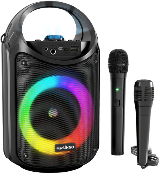 MASINGO Karaoke Machine for Kids and Adults with 1 Wireless Karaoke Microphone and 1 Wired Mic, PA Portable Speaker with LED Lights, Supports TF Card/USB, AUX/MIC in, TWS for Home Party, Burletta C10