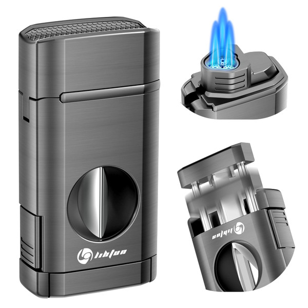 LIHTUN Multi-Function Cigar Torch Lighter - Built-in Cigar Holder & One-Touch Cutter, Triple Jet Flame Butane Lighter (Gray)