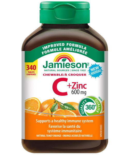 Jamieson Chewable Vitamin C + Zinc 500mg, Natural Tangy Orange, 400 Tablets