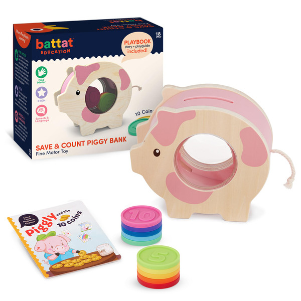Battat Education – Wooden Piggy Bank for Kids – Classic Educational Toy – Develops Fine Motor Skills & Counting Abilities with This Developmental Playset