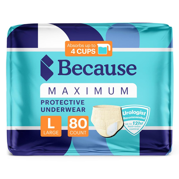 Because Premium Maximum Plus Adult Incontinence and Postpartum Bladder Leak Underwear for Women, Maximum Absorbency, Disposable, Beige, Large, 80 Count (4 Packs of 20)