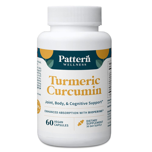 Pattern Wellness Turmeric Curcumin – 95% Curcuminoids with BioPerine® Black Pepper – Supports Joint, Cognitive & Immune Health – Non-GMO, Gluten Free – 60 Capsules
