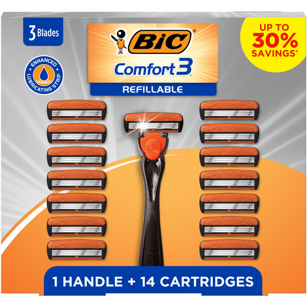 BIC Comfort 3 Refillable Disposable Razors for Men, 1 Handle and 14 Cartridges With 3 Blades, 15 Piece Razor Kit for Men