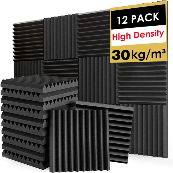 FONESO Acoustic Foam Panels, Sound Proof Foam Panels for Walls, High Desnsity Studio Soundproofing Wedges - Fire Resistant & Noise Absorbing for Studio, Office, Home (Black, 1"x12"x12" 12Pack)