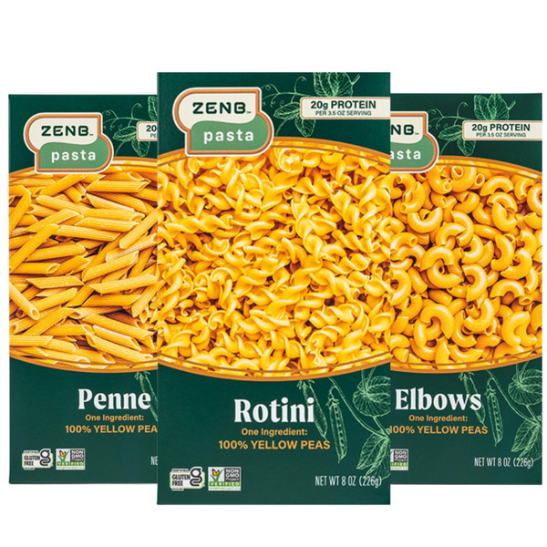 ZENB Plant Based Rotini, Elbow, and Penne Variety Pack Pasta - Made From 100% Yellow Peas, Gluten Free, Non-GMO & Vegan, 20g of Protein & 12g of Fiber In Every Serving - (Pack of 3)