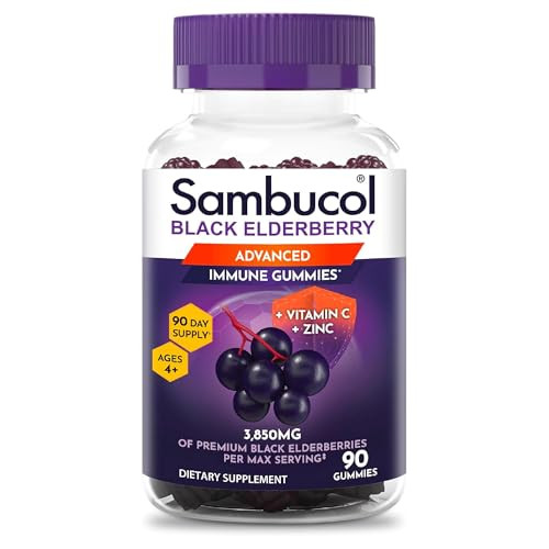 Sambucol Elderberry Gummies for Adults with Vitamin C; Zinc; Sambucus Elderberry Gummies for Immune Support with High Antioxidants; Gluten Free; Vegan; 1 Gummy Per Serving; 90 Count (90 Day Supply)