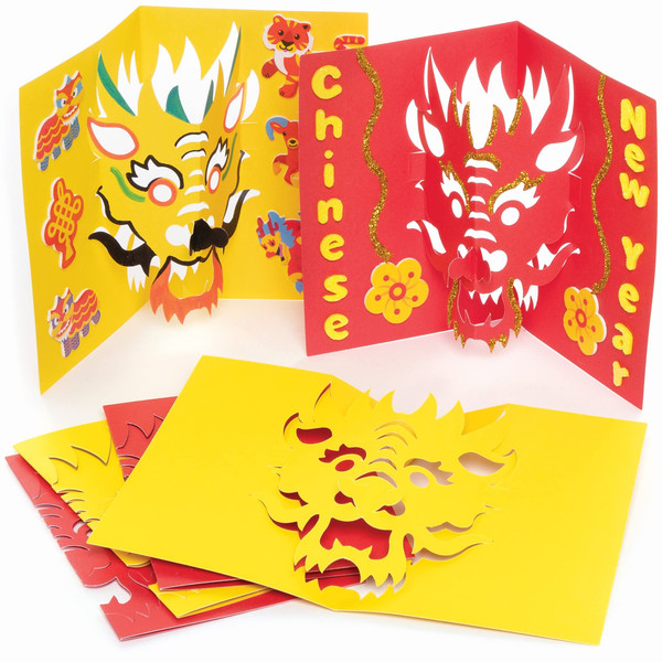 Baker Ross Chinese Dragon Pop Out Cards - Pack of 10, Chinese New Year Crafts for Kids (FC127)