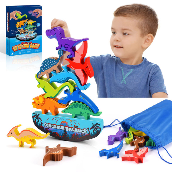 IPOURUP Dinosaur Toys for Kids 3-5: Wooden Stacking Montessori Toys for 3 4 5 6 7 8 Year Old Boys Girls Christmas Birthday Gifts for Kid Ages 4-8 Balance Competition Game for Family Stocking Stuffers