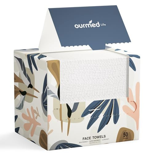 Ourmed Life Face Towels, Disposable Biodegradable Facial Towels for Sensitive Skin, Lint- free Face Wipes for Washing Face, Skincare and Makeup Remover, Dry Wipes, 10"×12" Extra Large, 50 Count