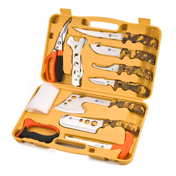 KNINE OUTDOORS Hunting Deer Knife Set Yellow Handle Field Dressing Kit Portable Butcher Game Processor Set, 12 Pieces