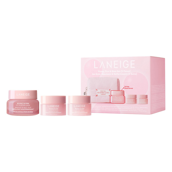 LANEIGE Bouncy and Firm Trio Set: Peony, Collagen Complex, Full Sized Eye Sleeping Mask, Face Sleeping Mask, Lip Treatment, Visibly Plump & Firm