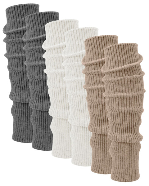 Shihanee 3 Pairs Wool Leg Warmers Women Soft Warmer Wool Winter Stockings Knit Long Leg Warmers Indoor Outdoor(Gray, Beige, Light Khaki)
