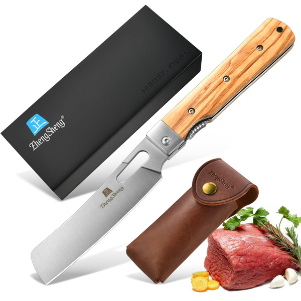 ZhengSheng Folding Chef Knife with Leather Pouch 4.8” Sharp 440A Stainless Steel Blade Olive Handle Pocket Foldable Japanese Style Kitchen Knife for Outdoor Camping BBQ trip Cooking.