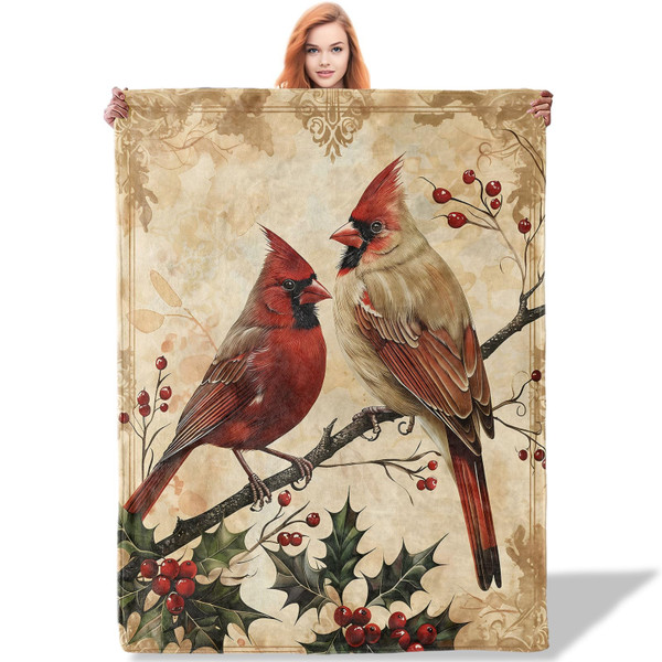 Plistiz Festive Cardinal Throw Blanket 50"x60", Bird Lover Blankets for Couch Bed Decor, Cozy Flannel Polyester Cardinal Gifts for Adults Kids