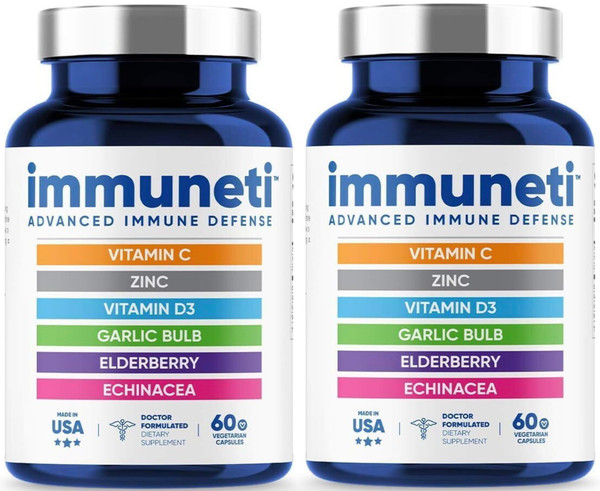 Immuneti - Advanced Immune Defense, 6-in-1 Powerful Blend of Vitamin C, Vitamin D3, Zinc, Elderberries, Garlic Bulb, Echinacea - 2 Pack - Supports Overall Health