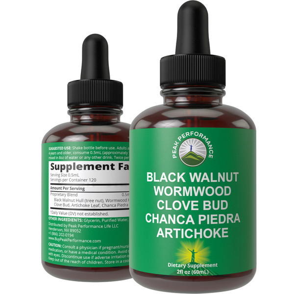 Wormwood Black Walnut Clove Cleanse For Humans. Elimination Detox + Intestinal Support Liquid Tincture Supplement for Adults and Kids. With Artichoke and Chanca Piedra for Additional Benefits