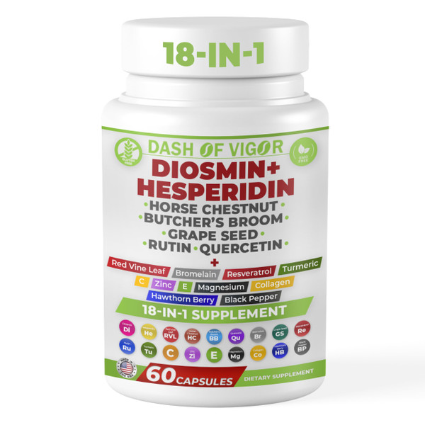 Dash of Vigor 18-in-1 Diosmin Hesperidin Supplement, Quercetin with Bromelain, Zinc, Vitamin C with Rutin Supplement, Horse Chestnut Extract, Butcher's Broom Extract, USA, 60 Capsules