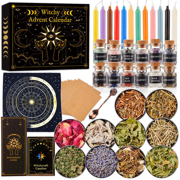 Witchy Advent Calendar 2025 Adult Teens, 25 Day Countdown to Calendar Witchcraft Supplies Crystal Candle Amethyst Altar Witch Gift Wiccan Starter Kit