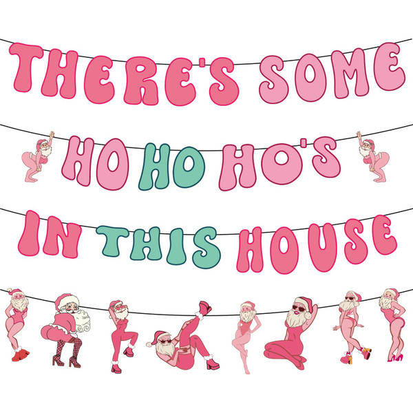 Gameza Friendsmas Christmas Party Decorations - 4PCS There's Some Ho Ho Hos in This House Christmas Banner Pink Naughty Decorations Party Holiday Santa Claus Xmas Decor Supplies No DIY