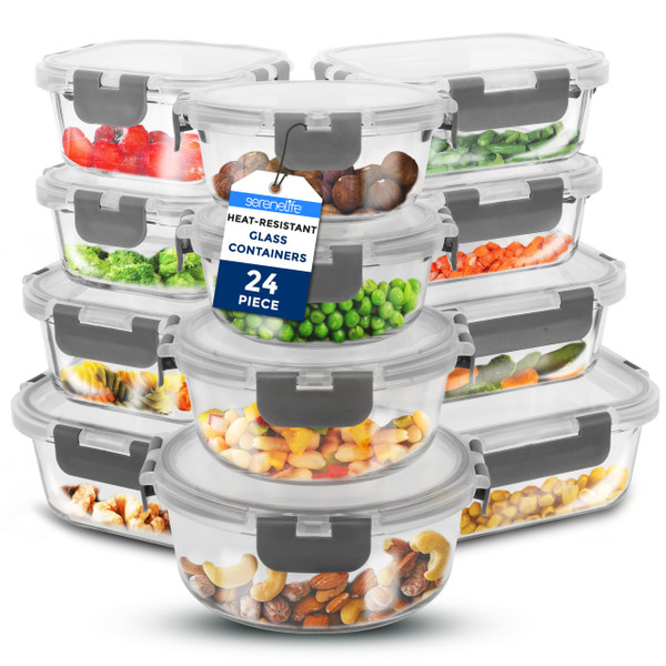 SereneLife 24-Piece Glass Food Storage Containers Set – 12 Multi-Sized Containers from 11 Oz to 35 Oz Capacity, Leak-Proof with Hinged Locking Lids, Freezer to Oven Safe, Stain & Odor Resistant (Gray)