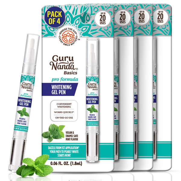 GuruNanda Teeth Whitening Pen,(0.06 fl oz)-20 Uses, Pro Formula - Hydrogen Peroxide Whitening Gel Pen, Enamel-Safe, Cruelty-Free, Vegan, Mint Flavor (Pack of 4)
