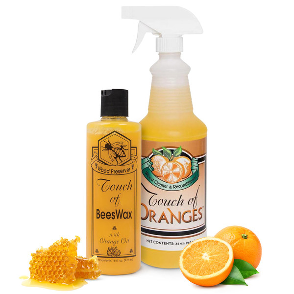 Touch Of Oranges Beeswax Wood Polish Conditioner, Cleaner & Restorer Bundle Hardwood Floor Cleaner Spray Real Orange Oil - (32 & 16 oz)