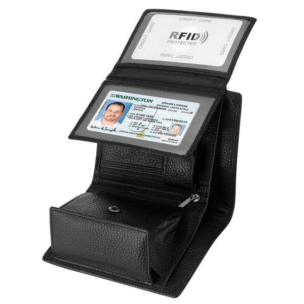 HAWEE Trifold Billfold RFID Blocking Cowhide Leather Wallet for Men 10 Card Slots 2 ID Windows with Coin Pocket, Black Lichi Grain