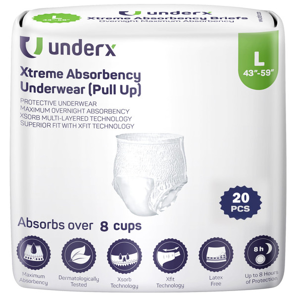 Underx Adult Disposable PullUps Incontinence Underwear - Xtreme Absorbency PullUps, Xsorb Multilayered & Superior fit Technology, Overnight Comfort, Leak Protection & Latex Free (Large,20 Count)