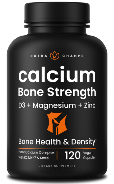 Calcium Supplement for Bone Strength | Plant Calcium Citrate + Vitamin D3, K2, Magnesium, Zinc, Potassium, Boron & Strontium | Premium Extra Strength Bone Health & Density Complex | 120 Vegan Capsules