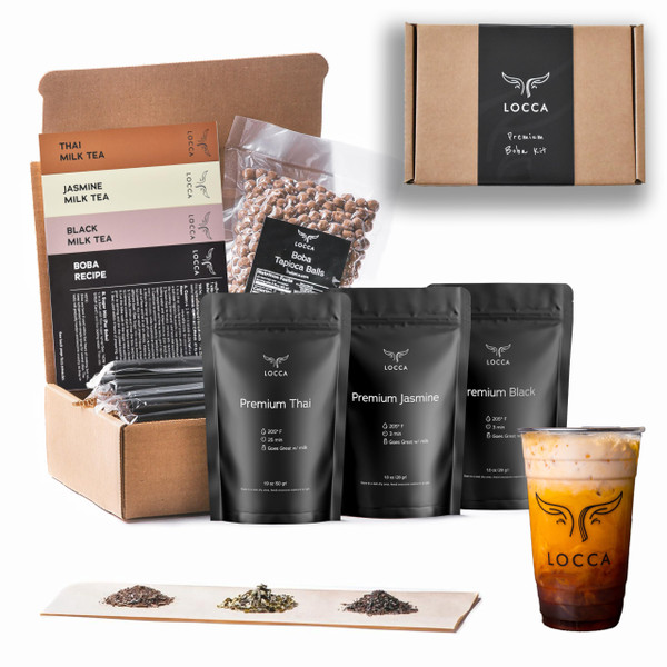 Premium Boba Tea Kit by Locca | Makes up to 24 Drinks | Bubble Tea Gift Kit | Thai Tea Edition with Jasmine and Black Tea | Includes Tapioca Balls and Boba Straws | DIY Food Gift