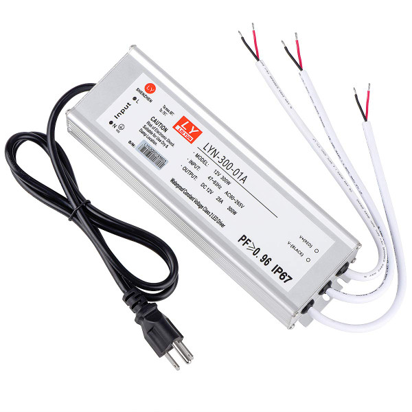 LED Driver 300 Watts (100W X3) 25A Waterproof IP67 Power Transformer Adapter 90-265V AC to 12V DC Low Voltage Output, with 3-pin Plug 3.3 ft LED Cable for LED Lighting Outdoor Light and Any 12V DC
