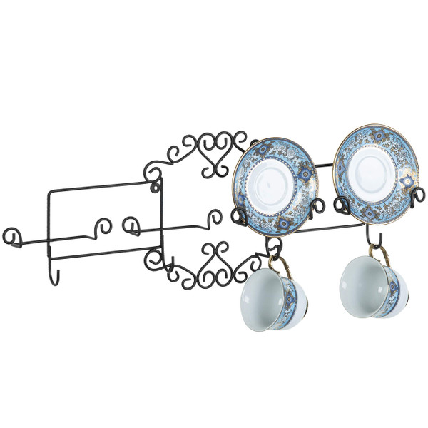 MyGift Vintage Scrollwork Black Metal Wire Tea Coffee Cup and Saucer Set Rack, Wall Mounted Decorative Display Shelf Holds Up to 4 Collectible Plates & Mugs