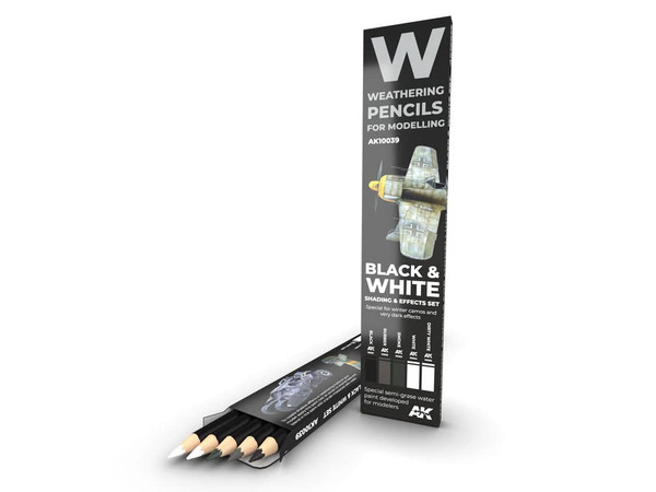 AK Interactive Weathering Pencil Set AK10039 Black and White Colours Shading and Effects set. AK Interactive Weathering Pencil Set AK10039 Black and White Colours Shading and Effects set.