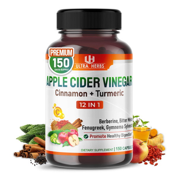 Organic Apple Cider Vinegar Capsules Enhanced with Cinnamon, Turmeric - Ultra Supplement for Digestive, Circulatory, Immunity Support | 150 Capsules
