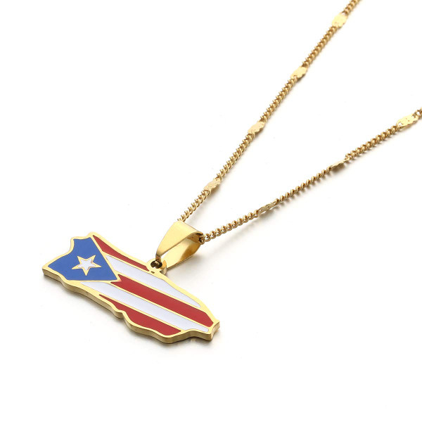 Exquisite Puerto Rico Map Pendant Necklace Colombian Flag Map Trendy Charm Jewelry (Gold)
