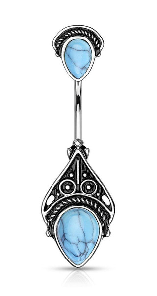 Forbidden Body Jewelry Surgical Steel Tribal Vintage Filigree Belly Ring, Faux Turquoise Semi Precious Stones
